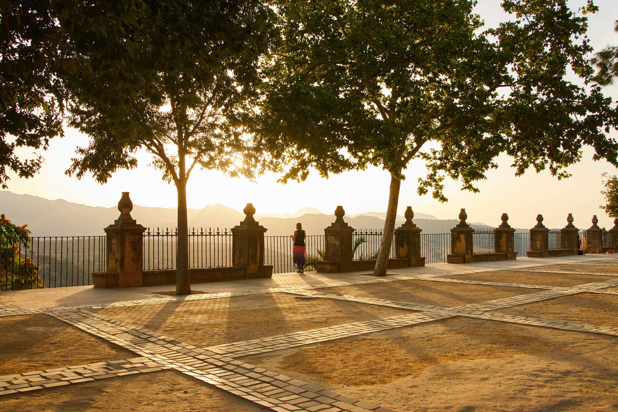 a woman standing at a viewpoint in the alameda del tajo park